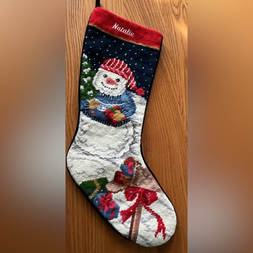 Lovely needlepoint personalized “Natalie” festive Snowman Christmas Stocking.